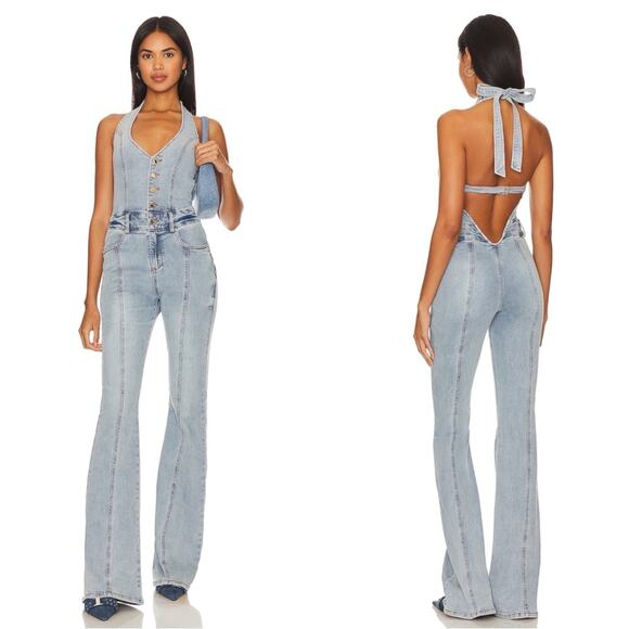 Retrofete Cynthia Denim Flared Leg Halterneck Jumpsuit in...
